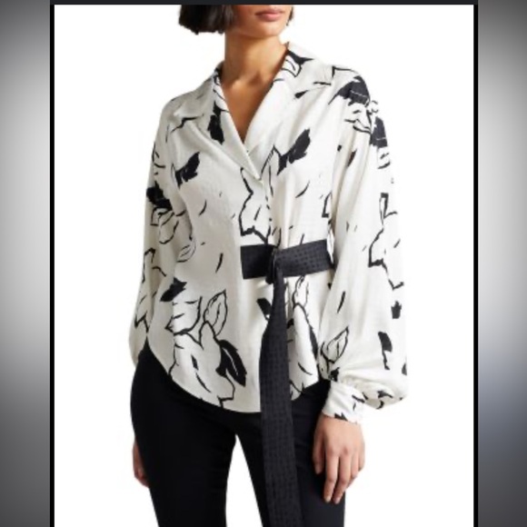 Ted Baker Self Belted Floral Balloon Sleeve Lyocell Viscose Blouse size 4 (8-10) - Picture 1 of 11